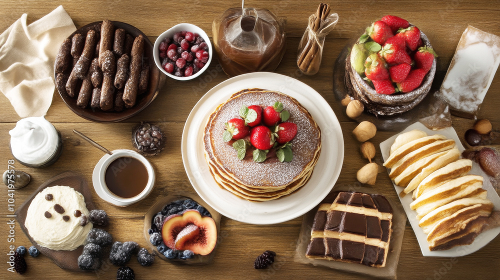 Delicious Breakfast with Pancakes, Strawberries, and Chocolate Delicious Breakfast with Pancakes, Strawberries, and Chocolate