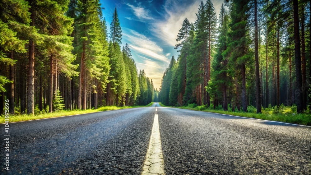 Naklejka premium Neatly flexible asphalt road through minimalist landscape with pine forest