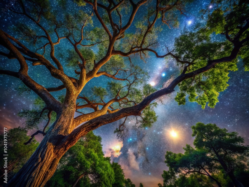 Night Photography of Intertwined Tree Branches in a Natural Theme for Backgrounds and Textures