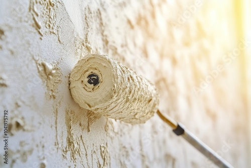 Close-Up of Paint Roller Applying Texture to Wall photo