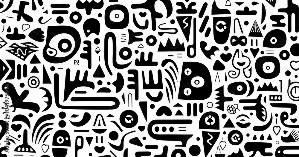 A dynamic composition of abstract black and white shapes and symbols, showcasing creative patterns and artistic expression. A dynamic composition of abstract black and white shapes and symbols, showcasing creative patterns and artistic expression.