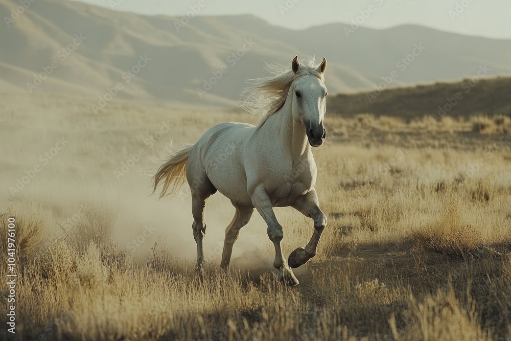 Obraz premium White Horse Gallops Through Dusty Landscape