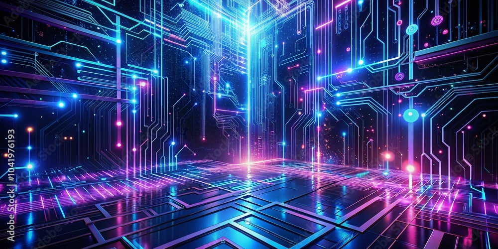 Night Photography of Micro Cyber Technology Background with Neon Lights and Circuit Patterns for Futuristic Aesthetics Night Photography of Micro Cyber Technology Background with Neon Lights and Circuit Patterns for Futuristic Aesthetics