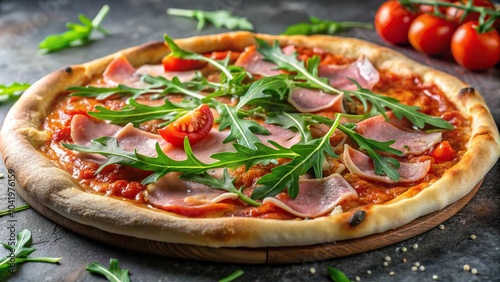 Fototapeta Naklejka Na Ścianę i Meble -  Delicious Italian pizza with ham, Parmesan, tomato sauce, arugula, spices