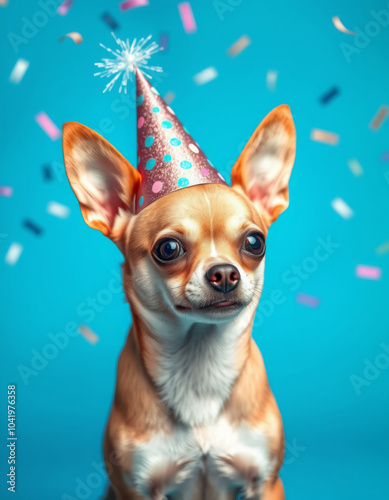 chihuahua celebrating birthday on blue background, holiday card