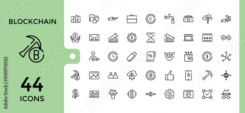 Blockchain line icons set. Containing cryptocurrency, decentralization, digital wallet, mining, blockchain network and more. Thin line vector icon collection. Editable vector illustration.