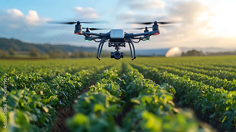 Drone flying over a field of green crops, with a camera attached to the bottom, during a bright, sunny day. Drone flying over a field of green crops, with a camera attached to the bottom, during a bright, sunny day.