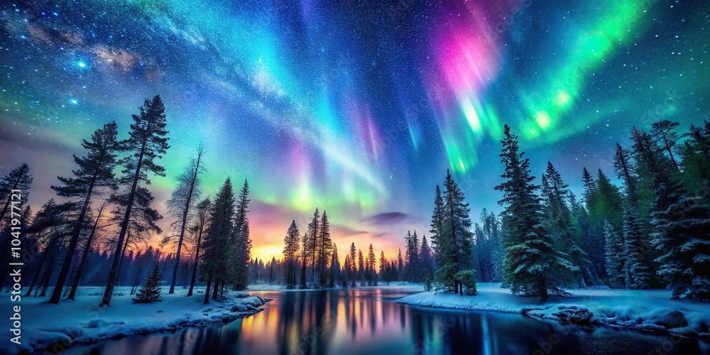 Obraz premium night forest landscape with starry sky and bright aurora