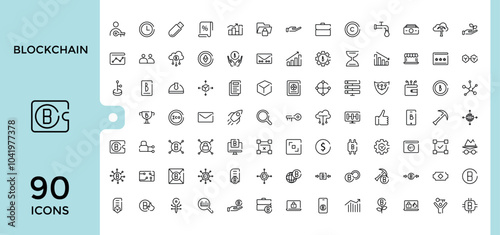 Blockchain line icons set. Containing cryptocurrency, decentralization, digital wallet, mining, blockchain network and more. Thin line vector icon collection. Editable vector illustration.