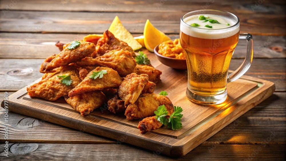 Delicious macro shot of fried chicken wings, beer, and nachos served on a wooden board Delicious macro shot of fried chicken wings, beer, and nachos served on a wooden board