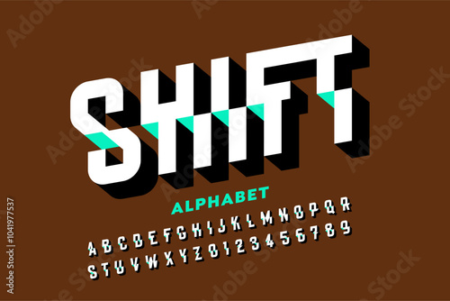 Shift. Modern style 3d alphabet, letters and numbers vector illustration