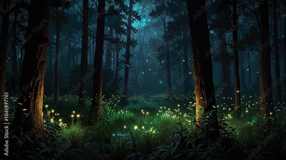 Fototapeta premium The mystical forest scene at night. The air is filled with lights that are twisted when innumerable fireflies float between lush green plants. The narrow and winding paths lead deeper into the forest.
