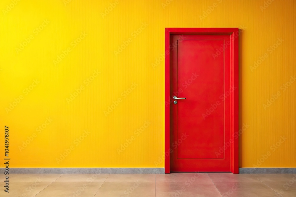panoramic red door isolated on yellow background panoramic red door isolated on yellow background