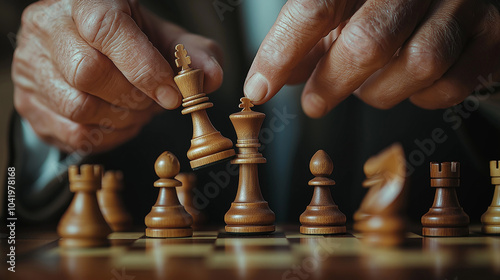 Hands placing chess pieces on a board, captured mid-movement, intense concentration