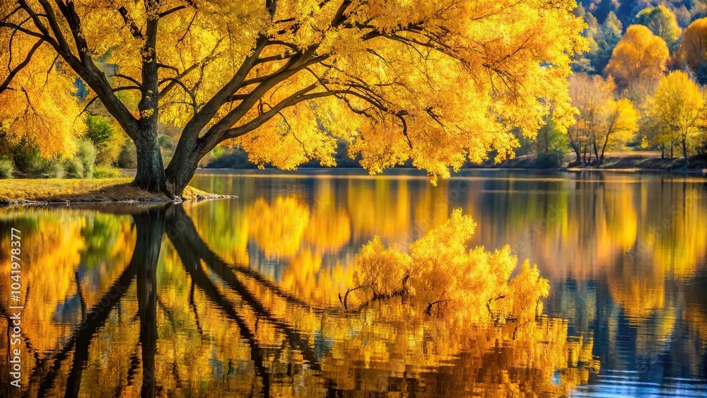 Macro tree with yellow leaves reflected in lake during fall season Macro tree with yellow leaves reflected in lake during fall season