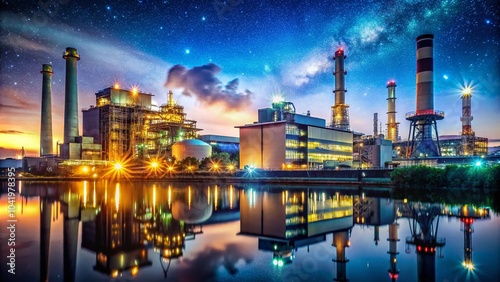 Nighttime Power Plant: Industrial Energy Production with Illuminated Structures and Reflections