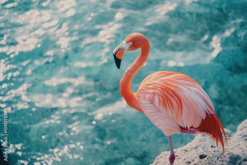 Graceful Flamingo by Tropical Shoreline