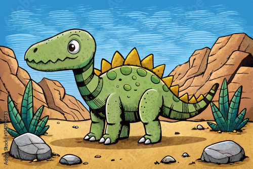 dinosaur on rocky desert background vector illustration, aesthetics hand drawn sketch