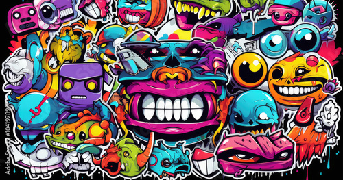 Wallpaper Mural A vibrant collage of cartoonish characters and faces, showcasing a playful and whimsical art style. Torontodigital.ca