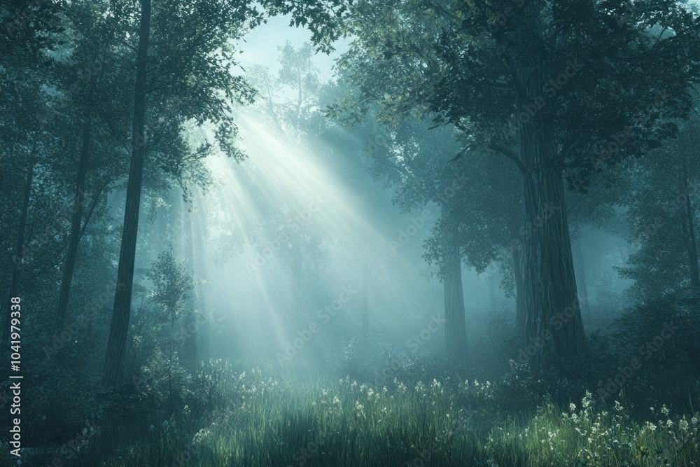 Serene Forest with Rays of Light Through Trees Serene Forest with Rays of Light Through Trees