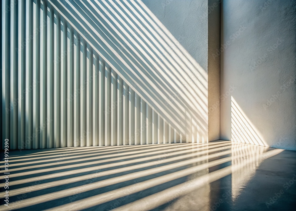 Fototapeta premium Oblique Stripes of Sunlight and Shadows on Abstract White Stage Wall for Dramatic Low Light Photography