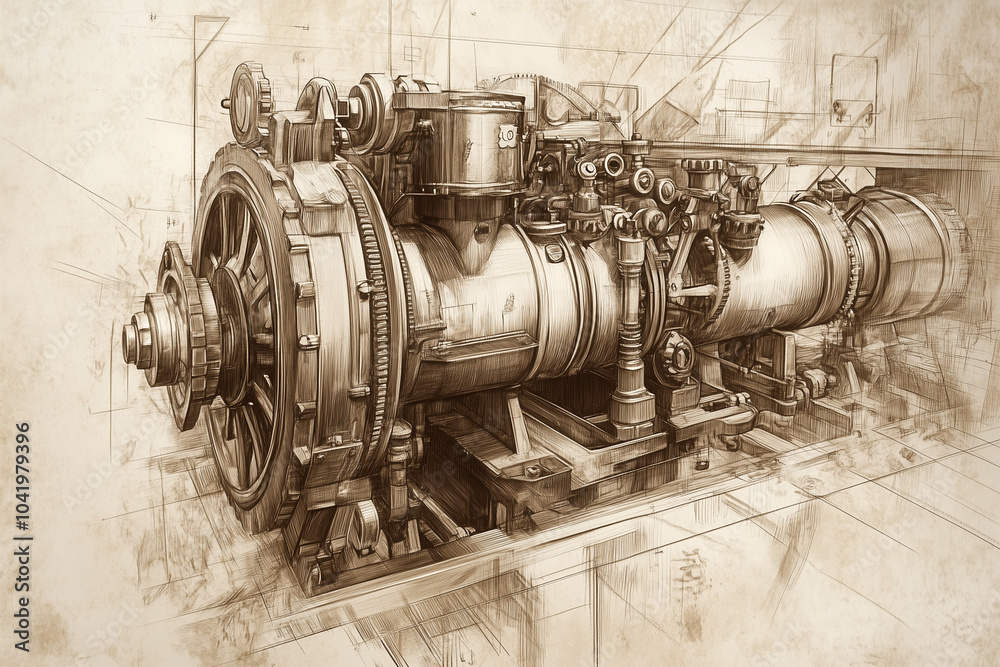 Artistic sketch of a 19th-century industrial engine Artistic sketch of a 19th-century industrial engine