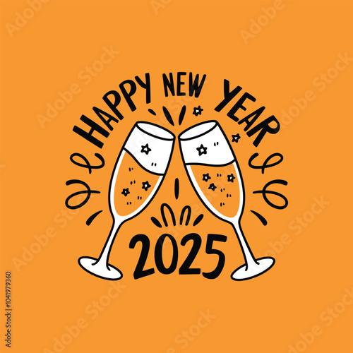 Happy New Year 2025, two champagne glasses clinking