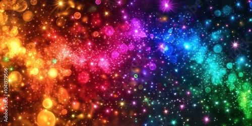 A colorful galaxy of stars with a rainbow of colors. The stars are scattered throughout the image, creating a sense of movement and energy. Scene is one of excitement and wonder