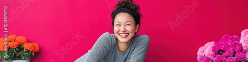 A woman with a smile on her face is sitting in front of a red wall. There are several flowers in the background, including pink and orange ones