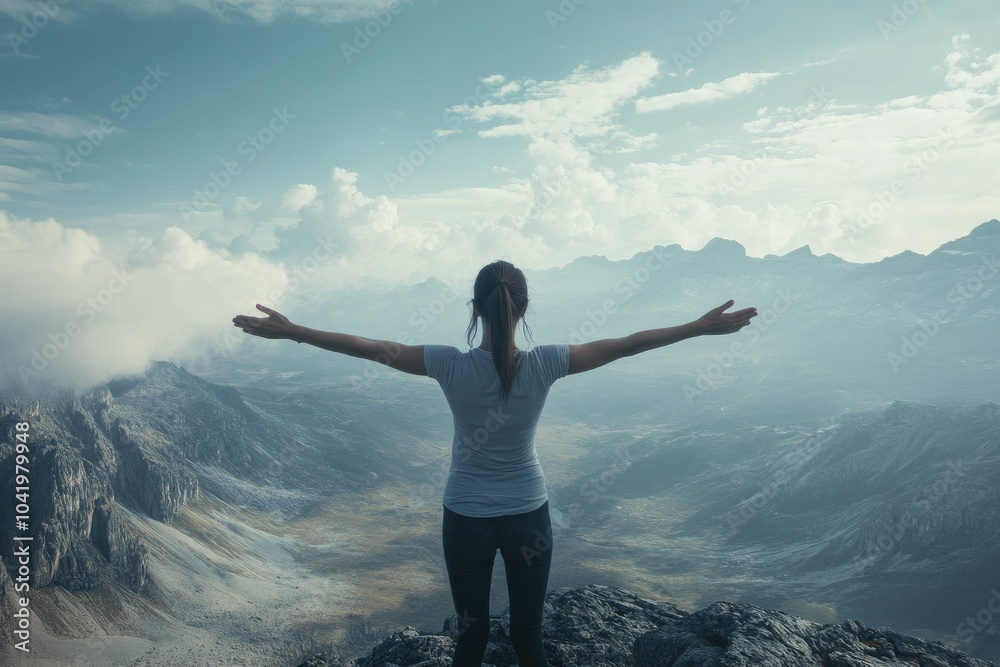 Woman Standing on Mountain with Arms Outstretched Woman Standing on Mountain with Arms Outstretched
