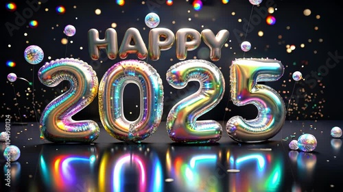 Festive balloons spelling happy 2025 amidst colorful confetti and sparkling lights, reflecting new year's celebration ambiance and excitement.