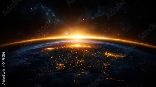 stunning view of Earth from space, showcasing vibrant sunrise over horizon