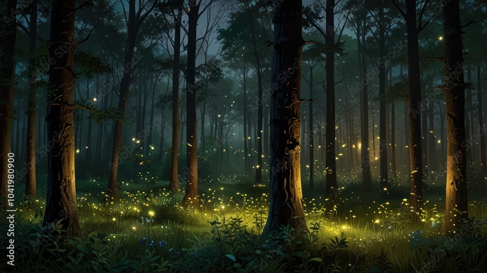 Obraz premium The mystical forest scene at night. The air is filled with lights that are twisted when innumerable fireflies float between lush green plants. The narrow and winding paths lead deeper into the forest.