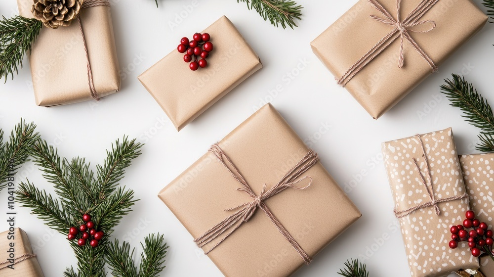 Fototapeta premium Beautifully arranged Christmas gifts with red berries and pine branches create a festive atmosphere perfect for holiday celebrations