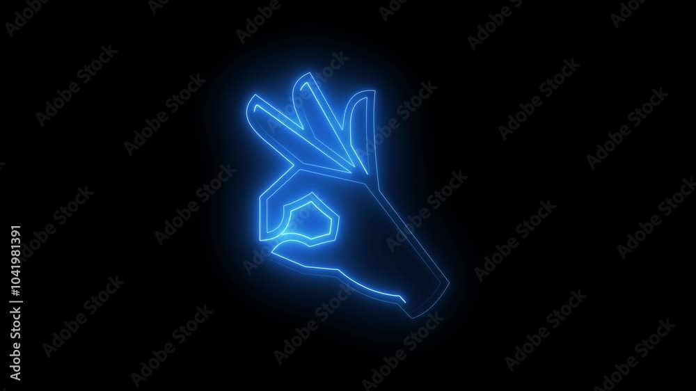 Beautiful Neon blue Line OK Hand Gesture Icon Isolated on Dark Background. Beautiful Neon blue Line OK Hand Gesture Icon Isolated on Dark Background.