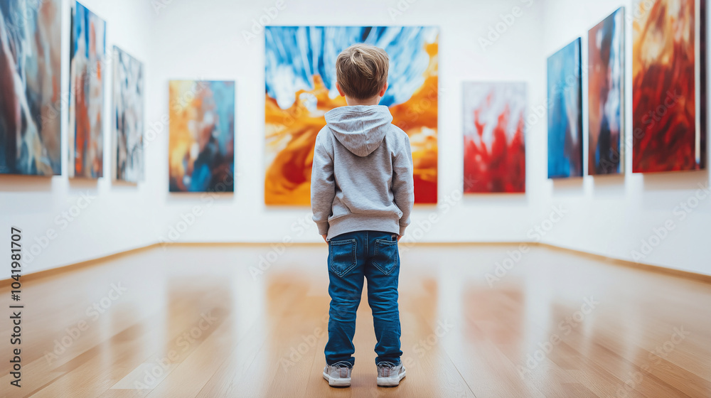 Curious Child Observing Abstract Art in Modern Gallery Setting Curious Child Observing Abstract Art in Modern Gallery Setting