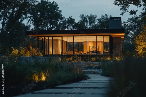Modern House at Dusk with Warm Glow