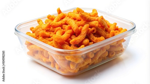 Plastic container filled with crunchy cheetos on white background photo