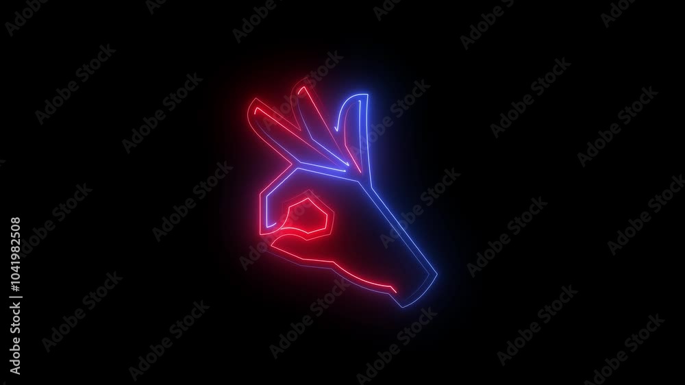 Beautiful Neon red and blue Line OK Hand Gesture Icon Isolated on Dark Background. Beautiful Neon red and blue Line OK Hand Gesture Icon Isolated on Dark Background.