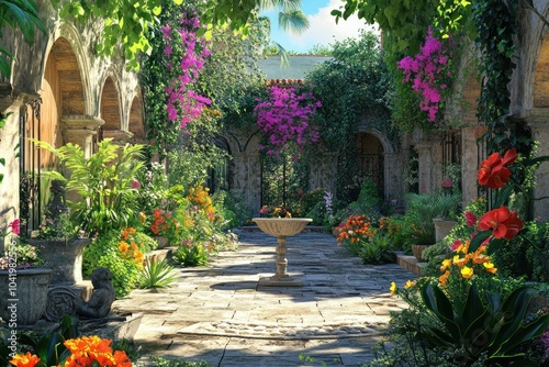 Vibrant Courtyard with Lush Flowers and Greenery