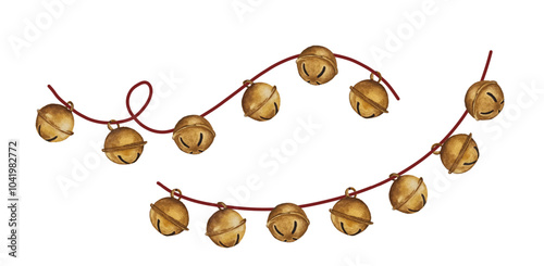 Watercolor golgen jingle bells garland. Christmas bells illustration on white background.