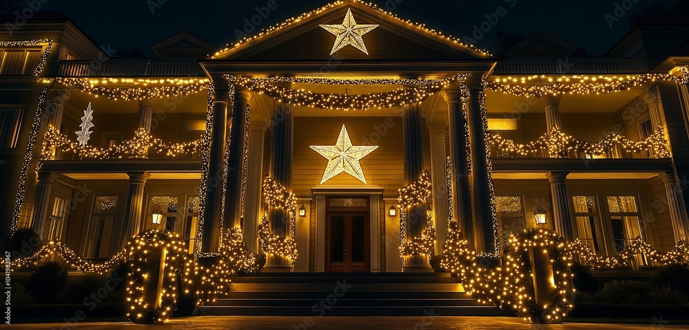Fototapeta premium A grand house with elegant golden lights illuminating the entire front yard, with a giant star of lights on the roof and glowing garlands wrapped around the columns of the porch.