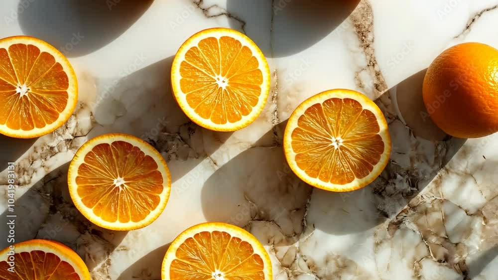 Slices of orange fruit on a marble countertop in the sunlight