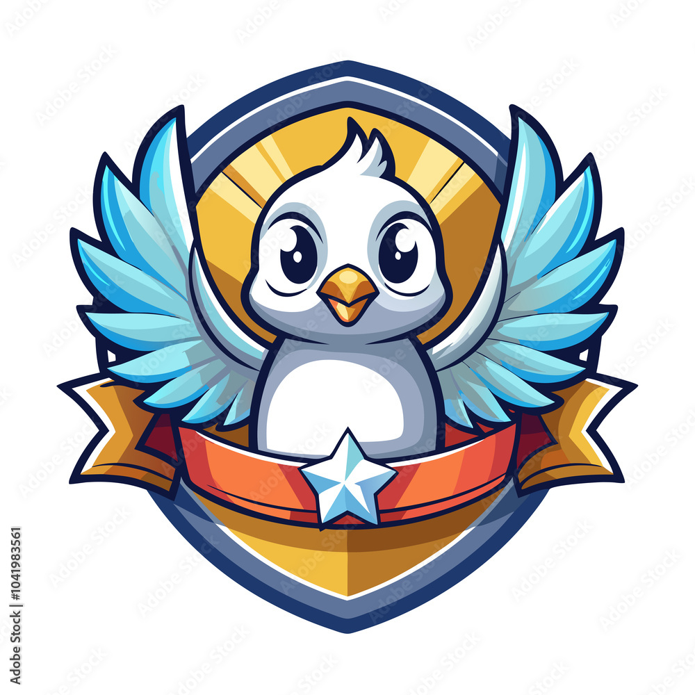 Obraz premium Cartoon Bird Mascot With Wings and Star in Shield Emblem