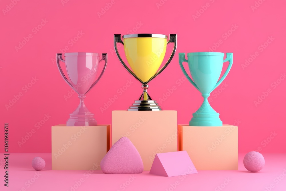 Colorful Trophies on a Pink Background Colorful Trophies on a Pink Background
