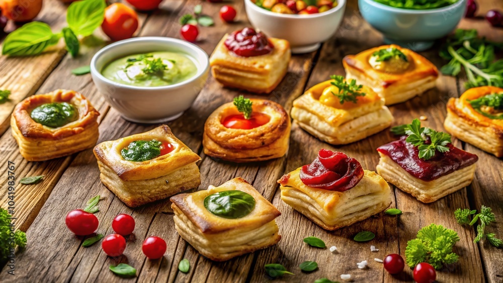 Overhead View of Puff Pastry with Dip on Table – Delicious Appetizer for Events and Gatherings Overhead View of Puff Pastry with Dip on Table – Delicious Appetizer for Events and Gatherings