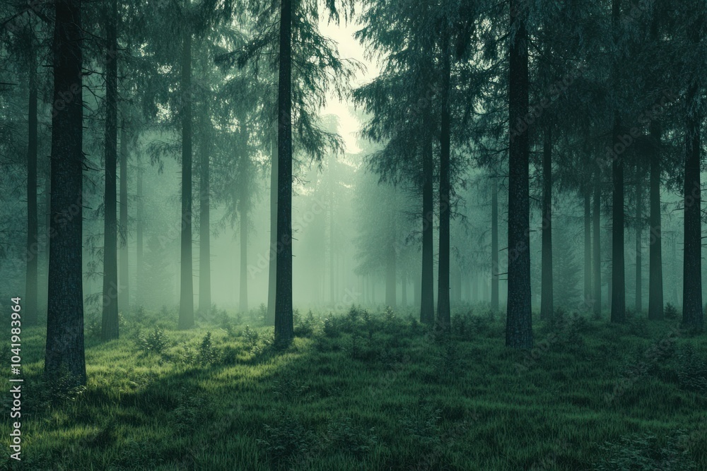 Fototapeta premium Serene Misty Forest Landscape at Dawn