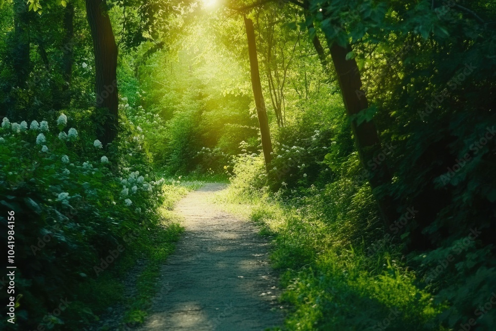Obraz premium Serene Pathway Through Lush Green Forest