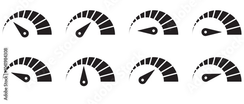 Dashboard speedometer icons set. Tachometer icon isolated. Performance indicator sign. Car speed. Fast internet speed sign. Stock flat vector elements.
