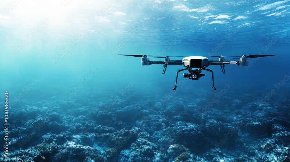 Fototapeta premium A sophisticated AI-driven autonomous drone for high-resolution geological surveys, clean geological site with drones designed for detailed analysis of rock formations and mineral deposits